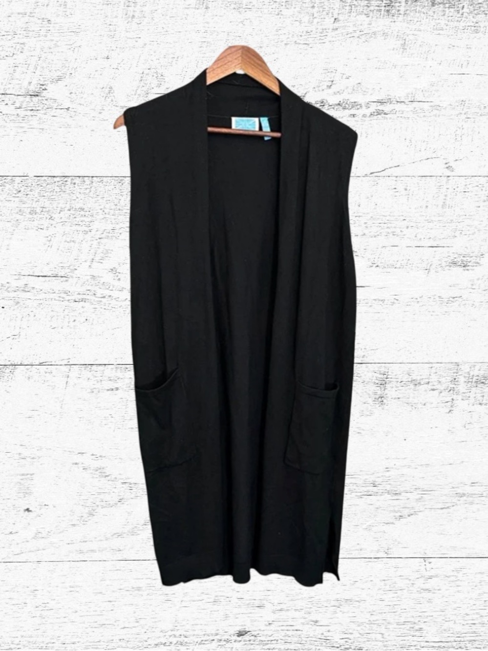 Sleeveless Open-Front Black Long Cardigan with Front Pockets